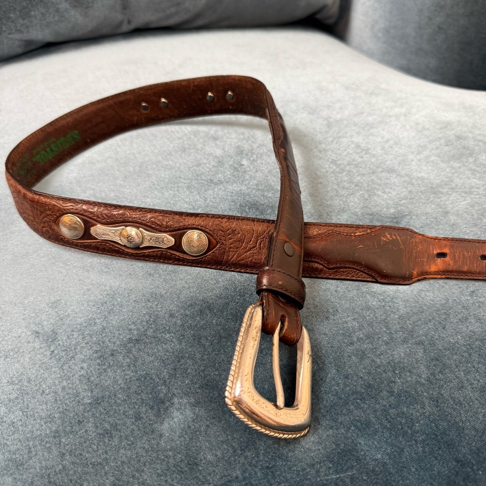 Vintage Western Resistol Engraved Leather Belt Silver Buckle and Conchos (32/80)